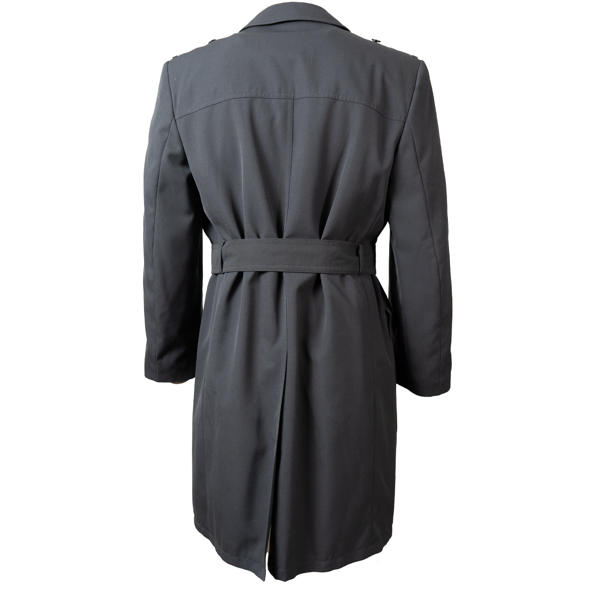 Rear view of the authentic German Army surplus trench coat showing the longline cut and classic military tailoring.