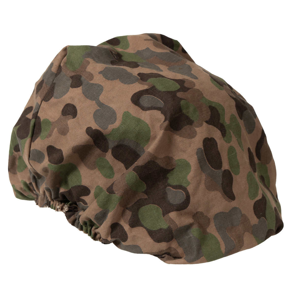 Three-quarter angle view of the Austrian military M75 helmet cover featuring the woodland pea-dot camo print.