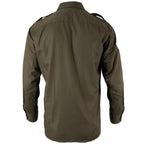 Rear view of the genuine Austrian Army cotton sateen field shirt in RAL 7013 olive, highlighting the durable military construction.