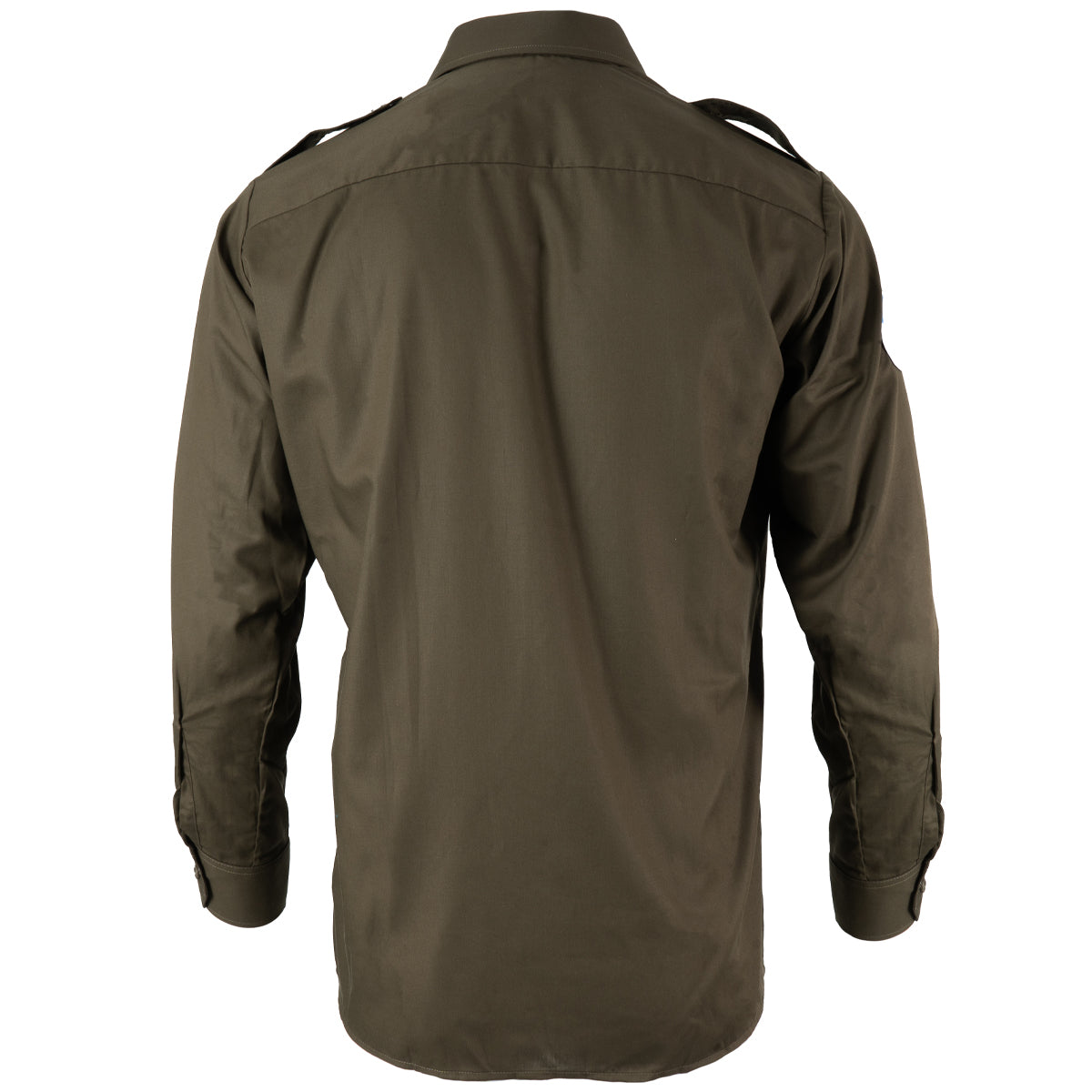 Rear view of the genuine Austrian Army cotton sateen field shirt in RAL 7013 olive, highlighting the durable military construction.