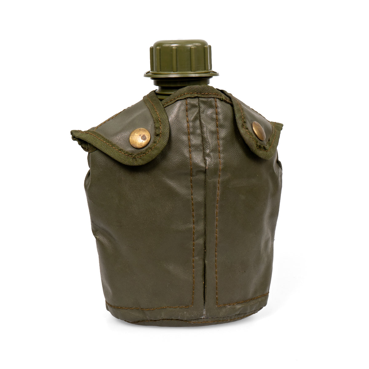 The 750ml Belgian military canteen inserted into its insulated olive green vinyl cover, featuring secure brass snap buttons.