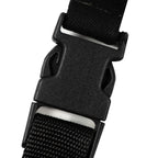Close-up of durable black plastic buckle on adjustable suspension strap of military trousers.