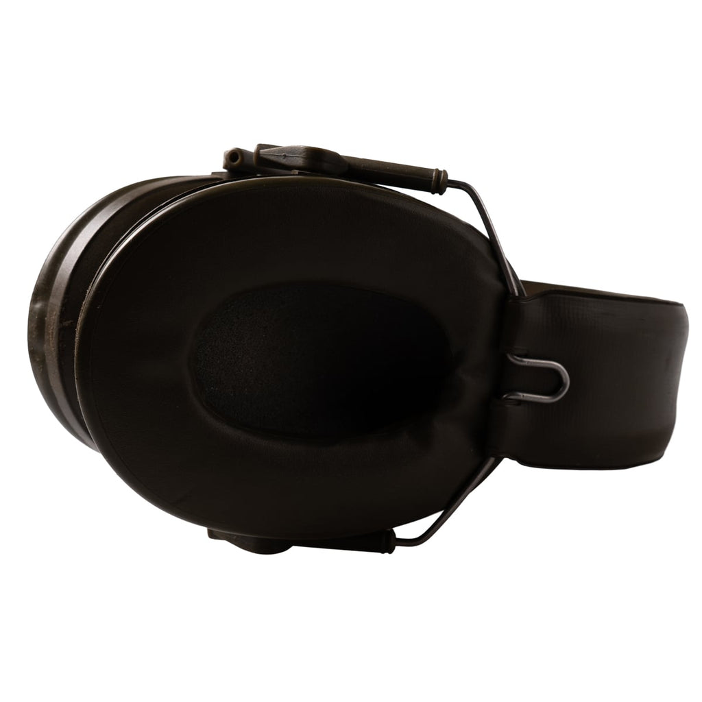 Bottom angle view of olive green Peltor protective ear defenders, highlighting the soft, liquid and foam-filled ear cushions for sound sealing.