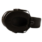 Bottom angle view of olive green Peltor protective ear defenders, highlighting the soft, liquid and foam-filled ear cushions for sound sealing.