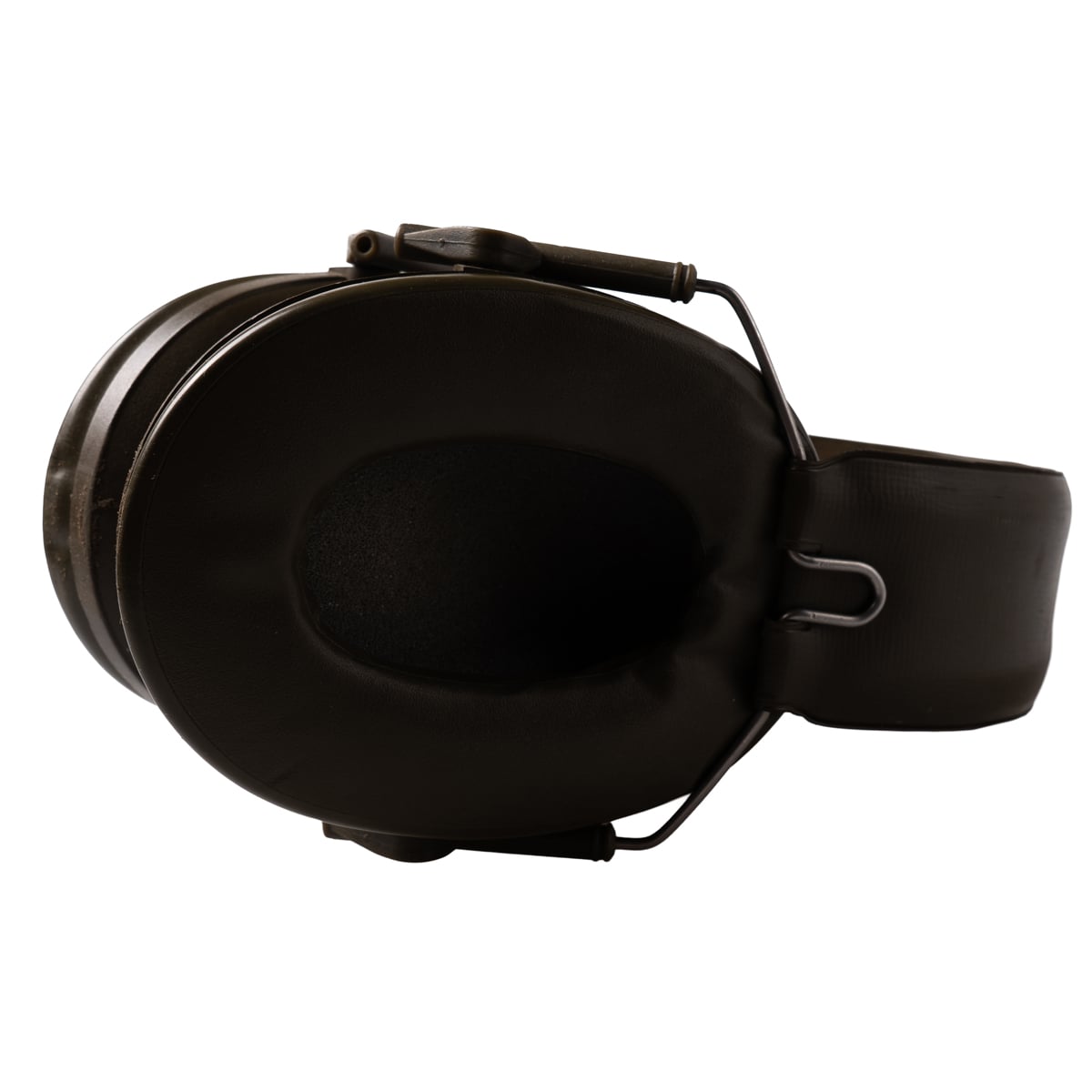 Bottom angle view of olive green Peltor protective ear defenders, highlighting the soft, liquid and foam-filled ear cushions for sound sealing.