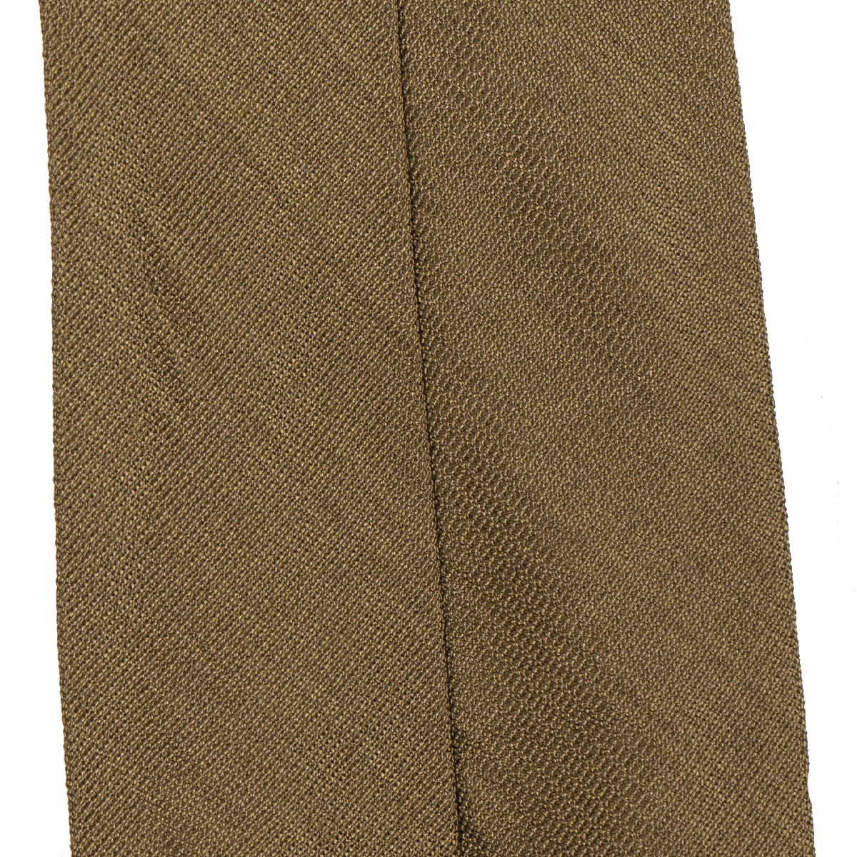 Macro close-up of the vintage khaki rayon fabric on a British WW2 army tie, revealing the subtle diamond-like texture and weave.