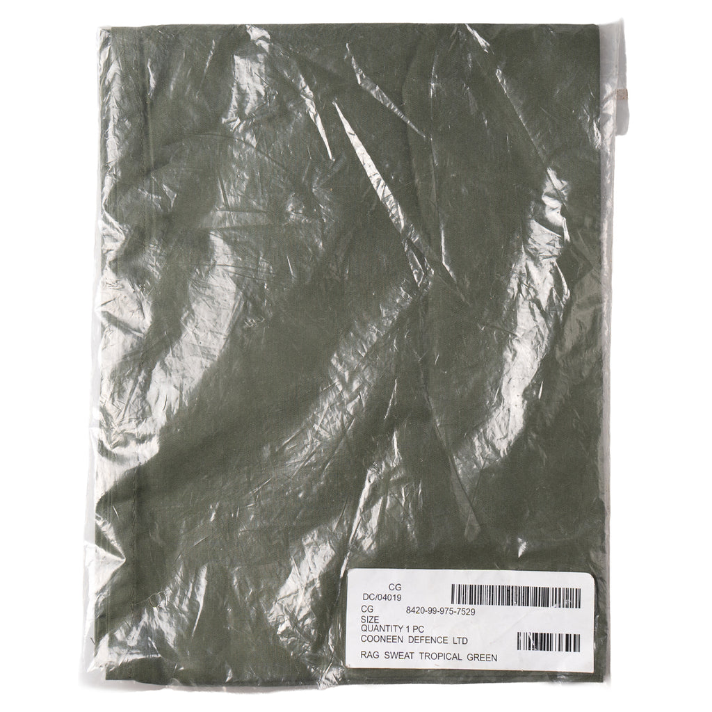 Original British Army sweat rag in tropical green sealed in original clear plastic packaging with Cooneen Defence Ltd label.