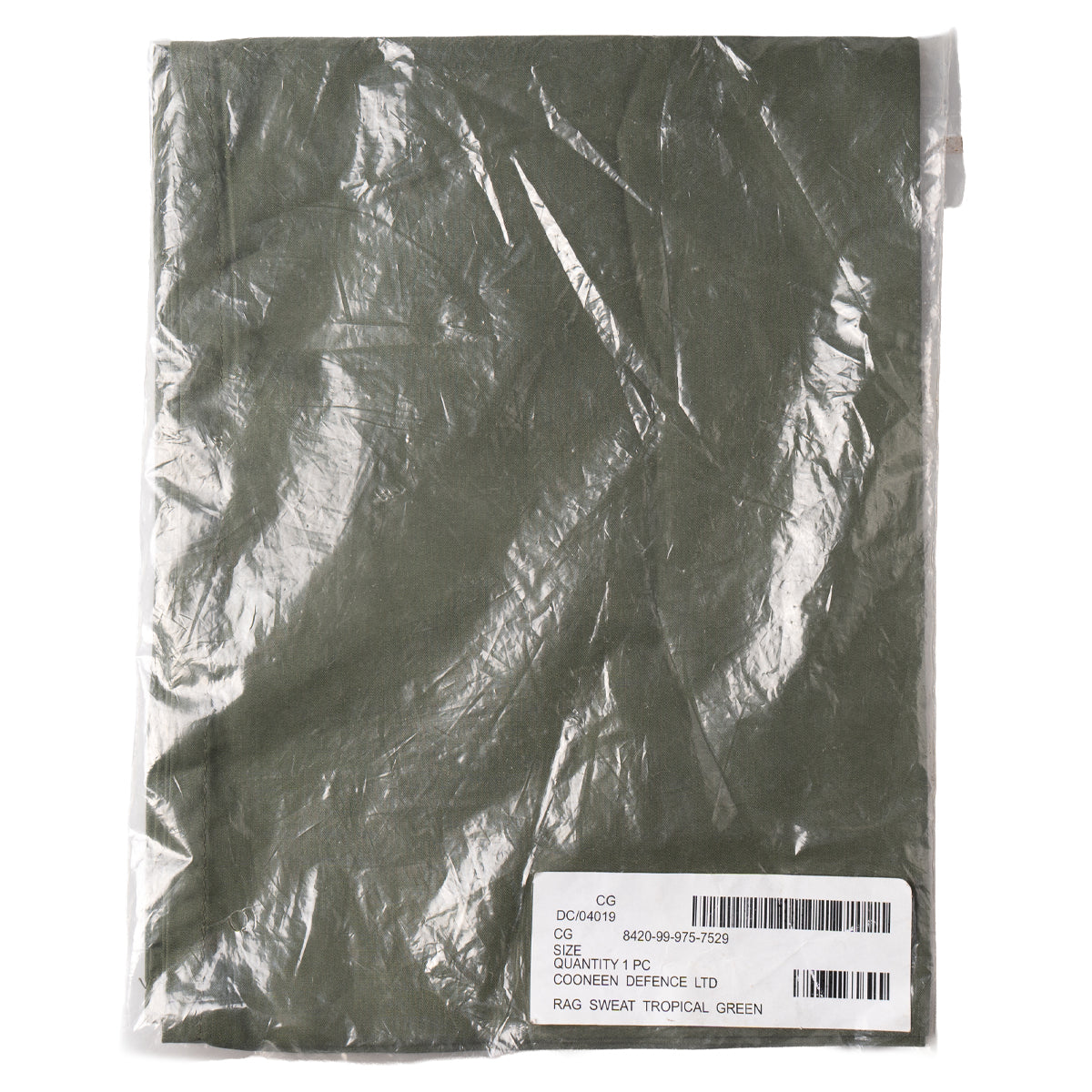 Original British Army sweat rag in tropical green sealed in original clear plastic packaging with Cooneen Defence Ltd label.