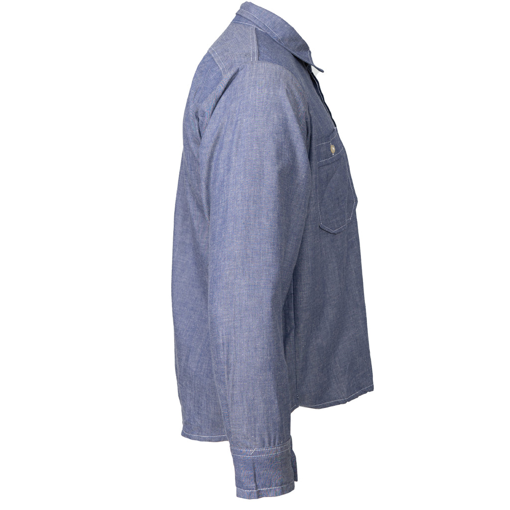 Side profile view of the German Navy dungaree shirt highlighting its long sleeves, adjustable button cuffs, and sturdy cotton construction.
