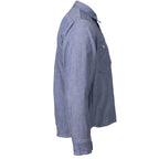 Side profile view of the German Navy dungaree shirt highlighting its long sleeves, adjustable button cuffs, and sturdy cotton construction.