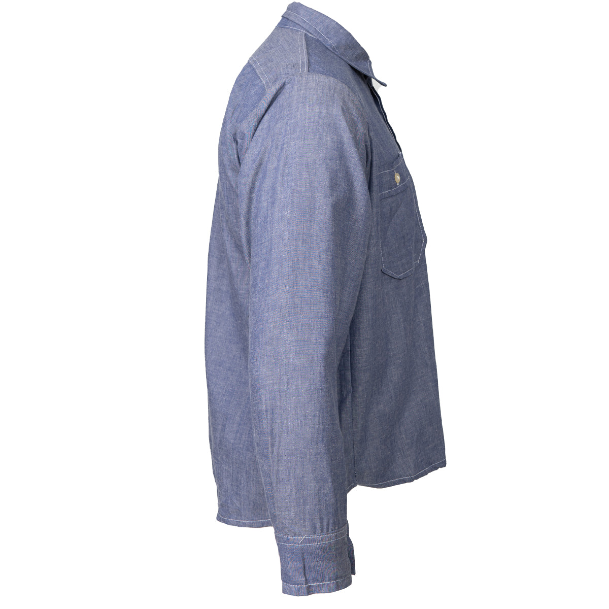 Side profile view of the German Navy dungaree shirt highlighting its long sleeves, adjustable button cuffs, and sturdy cotton construction.