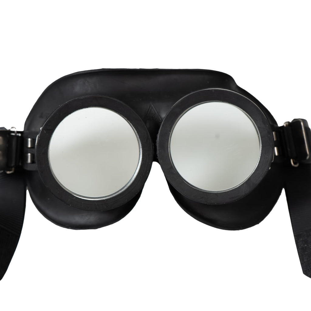 Front-on view of original Bundeswehr rubberised military goggles, showcasing the circular clear plastic lenses and vintage aesthetic.