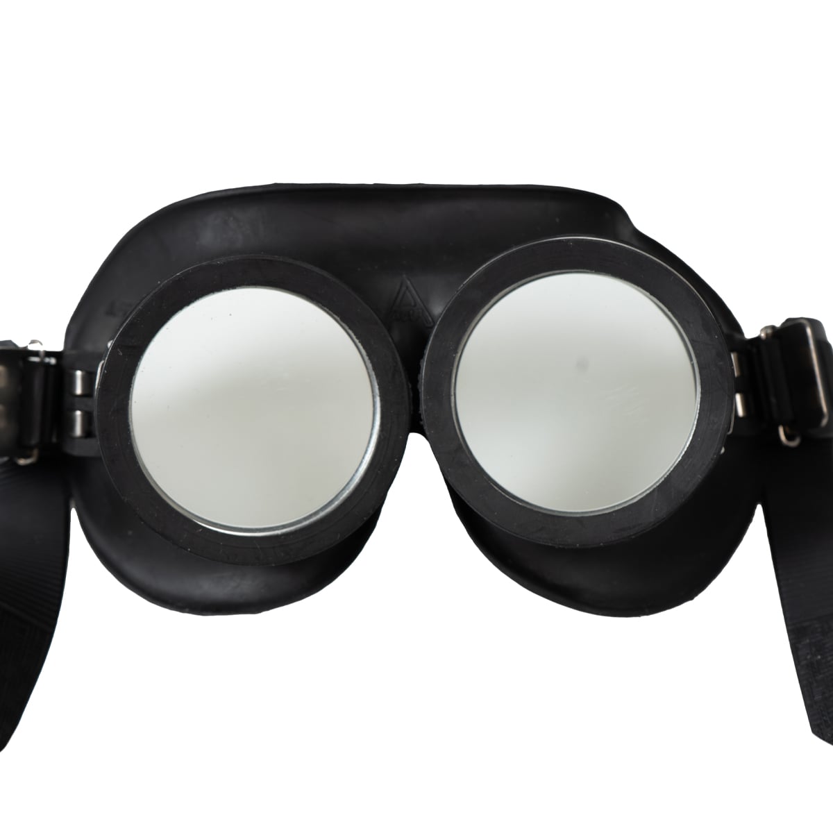 Front-on view of original Bundeswehr rubberised military goggles, showcasing the circular clear plastic lenses and vintage aesthetic.