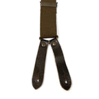 Detail of German Army brace attachment point with dark brown leather tabs, metal rivets, and buttonholes on olive green elastic webbing.