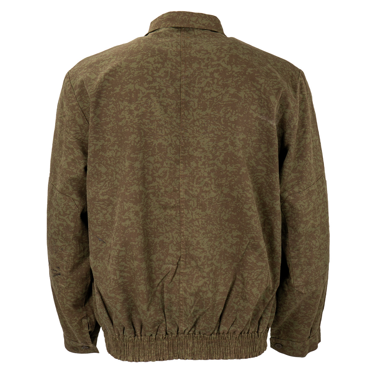 Rear view of the original Czech Army M92 field jacket displaying the distinct woodland swirl camouflage pattern and comfortable elastic hem.