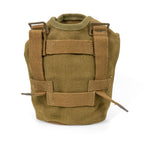 Rear view of original Danish M45 army canteen pouch showing heavy-duty cotton canvas construction, webbing straps, and brass slide buckles for belt mounting.