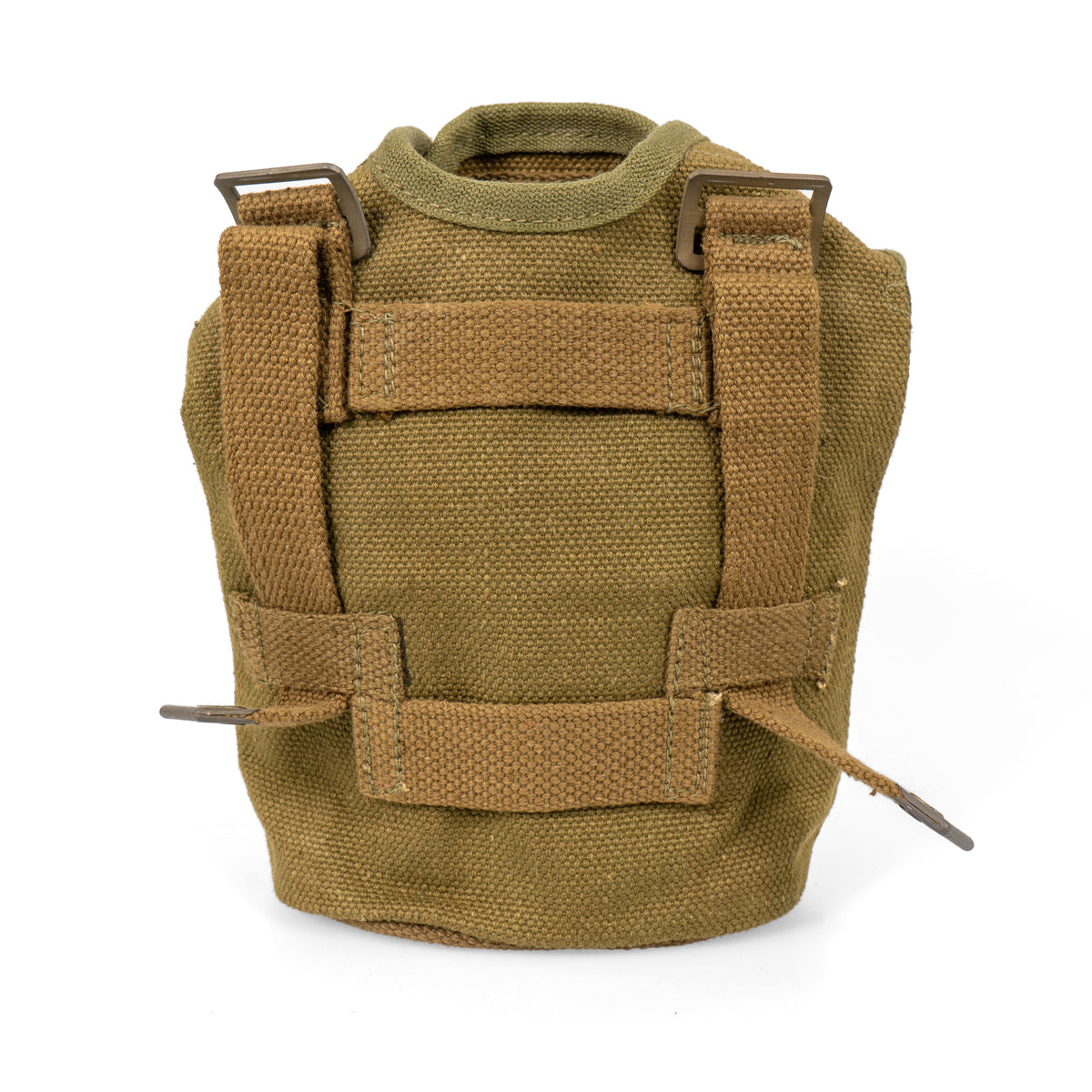 Rear view of original Danish M45 army canteen pouch showing heavy-duty cotton canvas construction, webbing straps, and brass slide buckles for belt mounting.