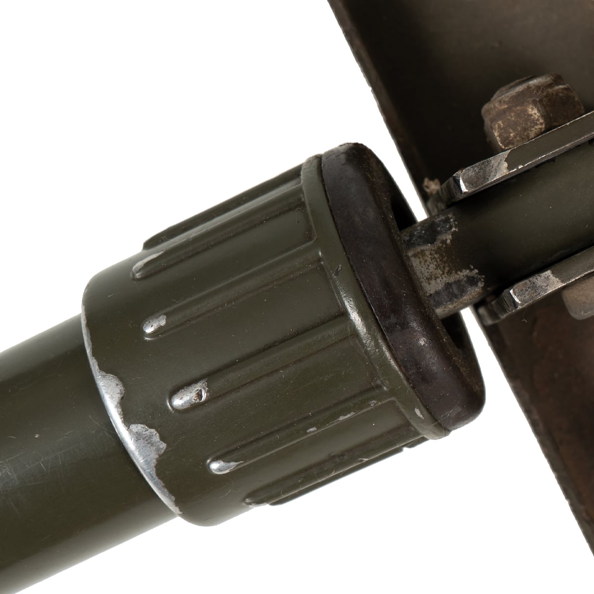 Close-up of the heavy-duty locking collar mechanism used for adjusting the Dutch army folding shovel angles.