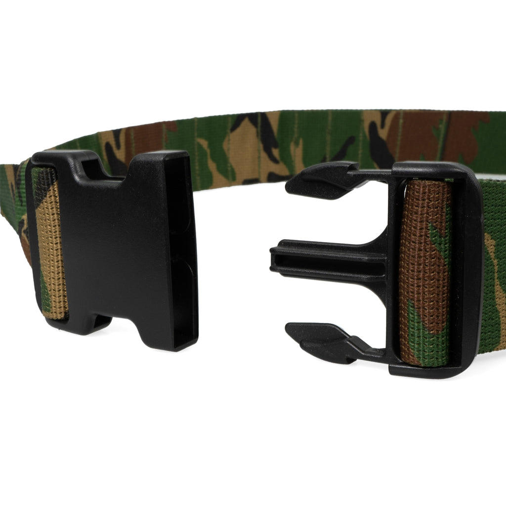 The snap-lock buckle of the Dutch Army belt shown in an open, unfastened position for easy adjustment.
