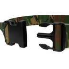 The snap-lock buckle of the Dutch Army belt shown in an open, unfastened position for easy adjustment.