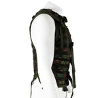 Side profile of the surplus Dutch Army woodland camo tactical vest displaying adjustable lacing for a secure fit.
