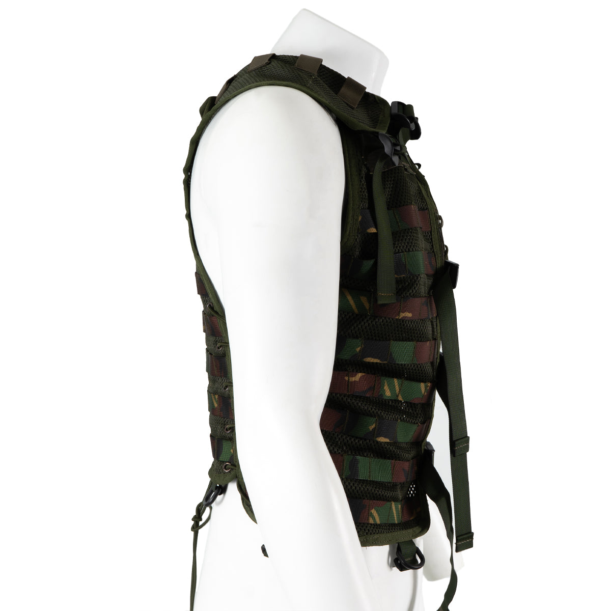 Side profile of the surplus Dutch Army woodland camo tactical vest displaying adjustable lacing for a secure fit.