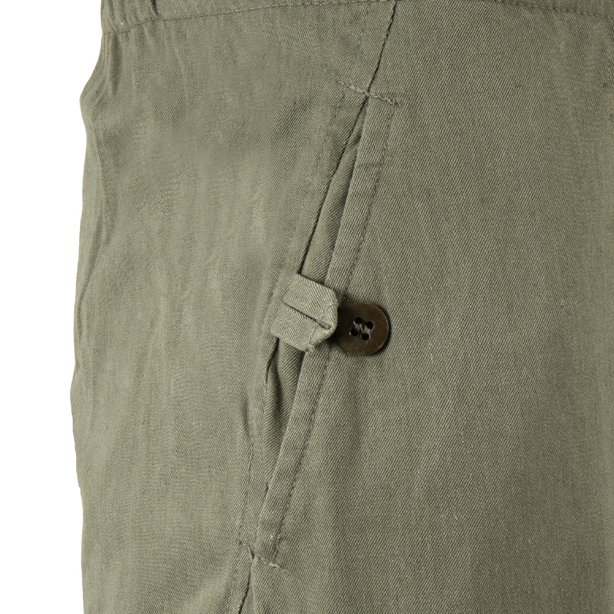 Detailed side view of an olive NVA combat trouser pocket, showing the sturdy button fastening used for secure gear storage.
