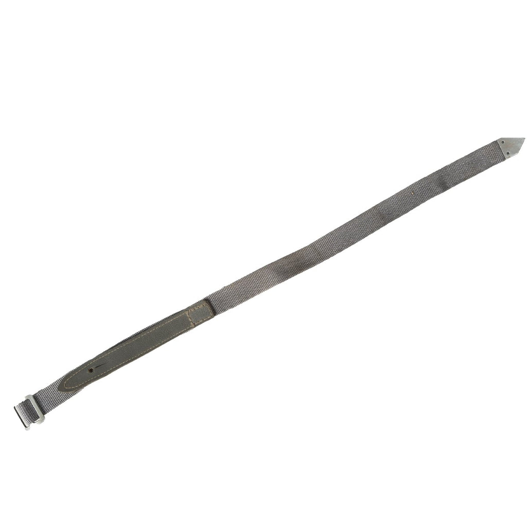 Full-length view of a 45cm East German NVA grey webbing strap, designed for lashing field gear like Zeltbahn shelter halves.