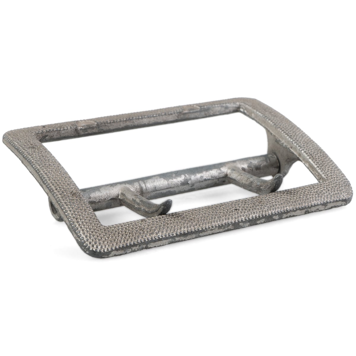 Angled side view of the military surplus claw buckle, displaying the two-prong mechanism and durable construction.