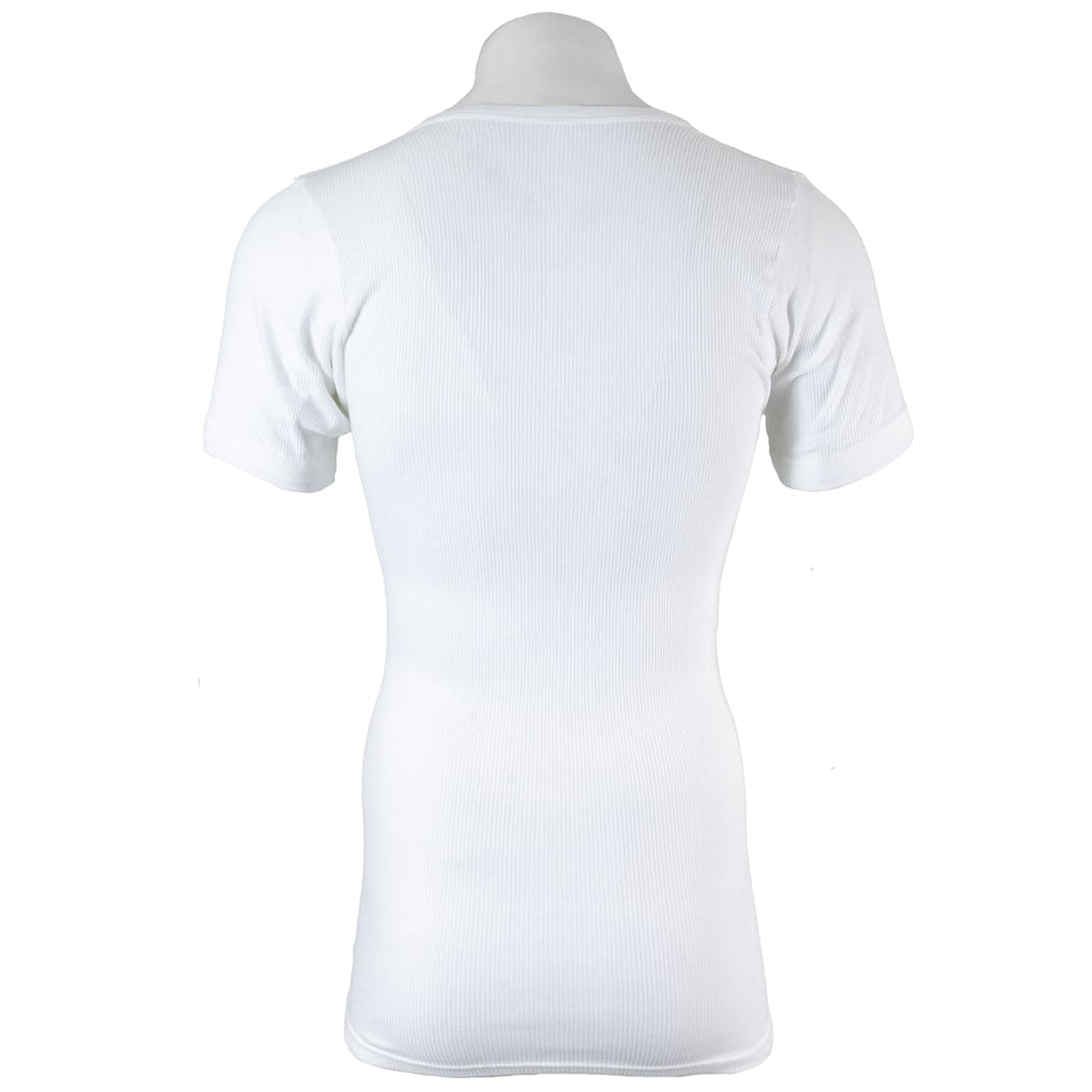 Rear view of the German Army cotton undershirt, showing the consistent white ribbed texture and tailored fit of this classic military surplus garment.