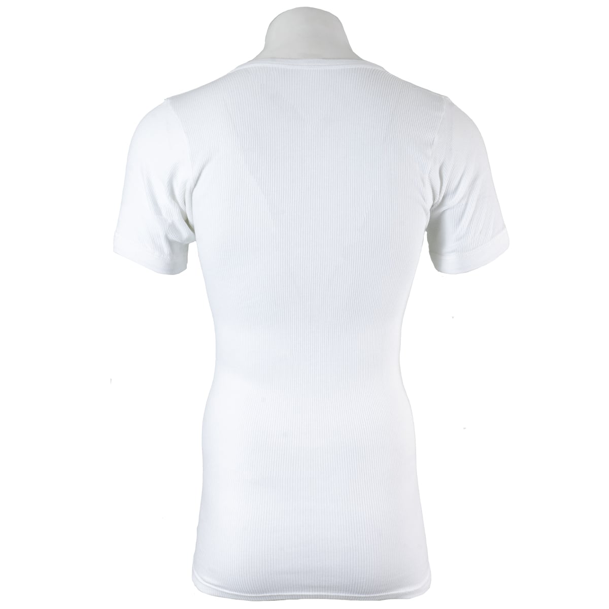 Rear view of the German Army cotton undershirt, showing the consistent white ribbed texture and tailored fit of this classic military surplus garment.