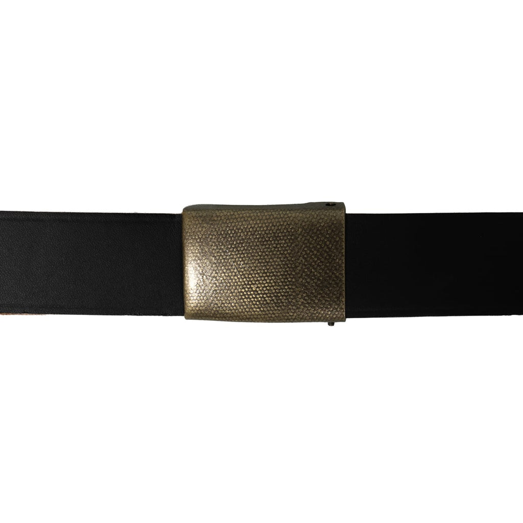 Close-up of a military-style black leather belt featuring a silver-grey pebbled rectangular box buckle and reinforced stitching.