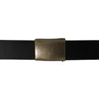 Close-up of a military-style black leather belt featuring a silver-grey pebbled rectangular box buckle and reinforced stitching.