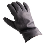 Backhand view of an authentic German Army leather glove, featuring durable black leather and matte finish.