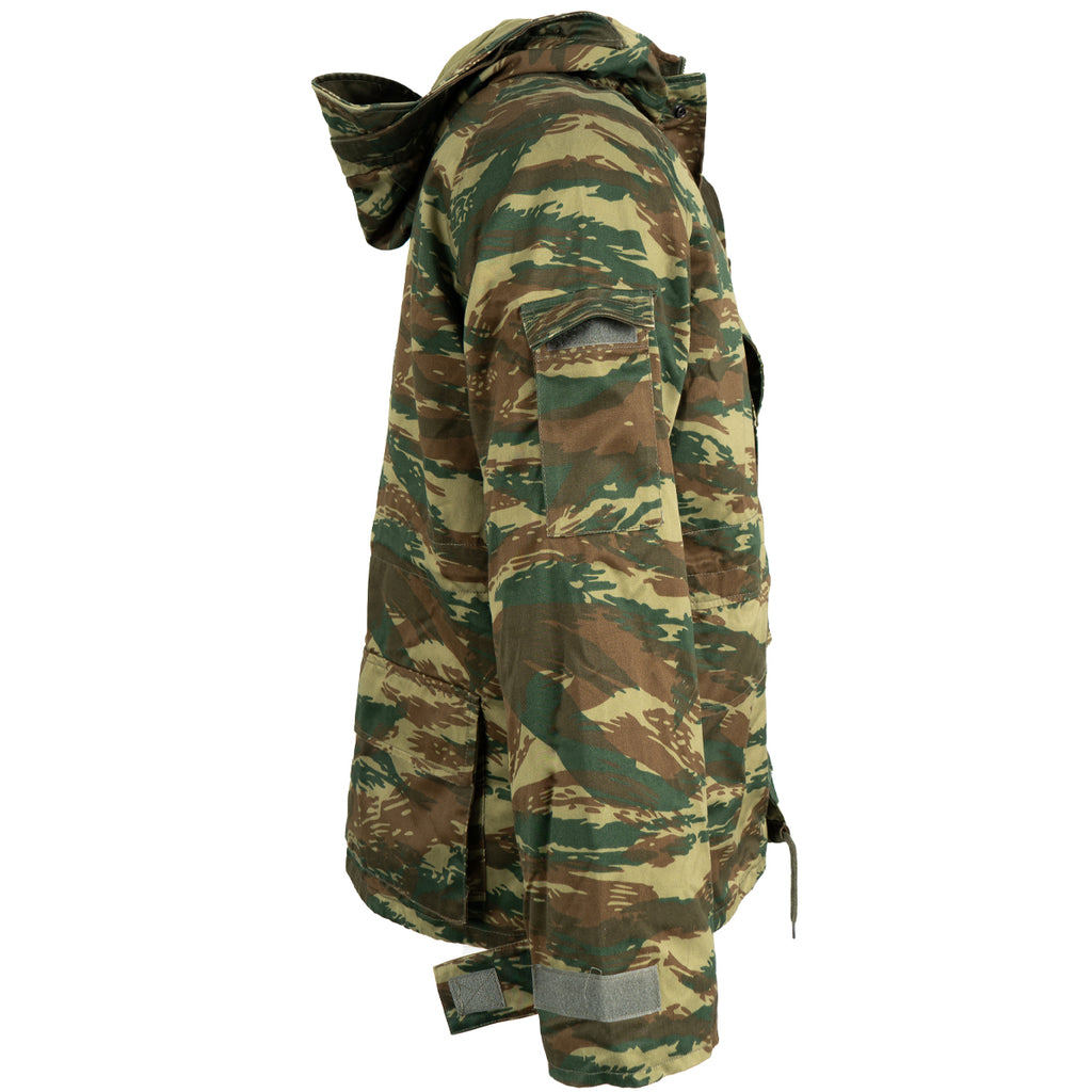 Three-quarter angle of the Greek Army Lizard Camo M65 field jacket showing the adjustable cuffs and surplus military design.