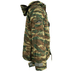Three-quarter angle of the Greek Army Lizard Camo M65 field jacket showing the adjustable cuffs and surplus military design.