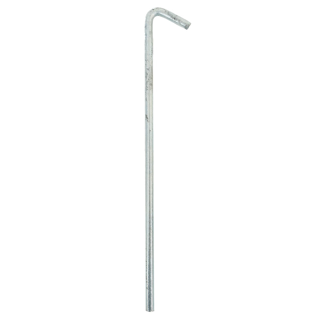 Single heavy-duty galvanised steel tent peg with a curved hook top, typical for Cold War era military field shelters.
