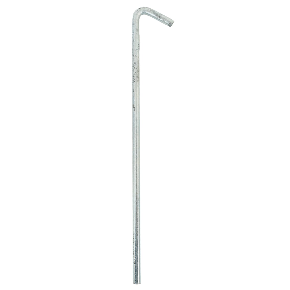 Single heavy-duty galvanised steel tent peg with a curved hook top, typical for Cold War era military field shelters.