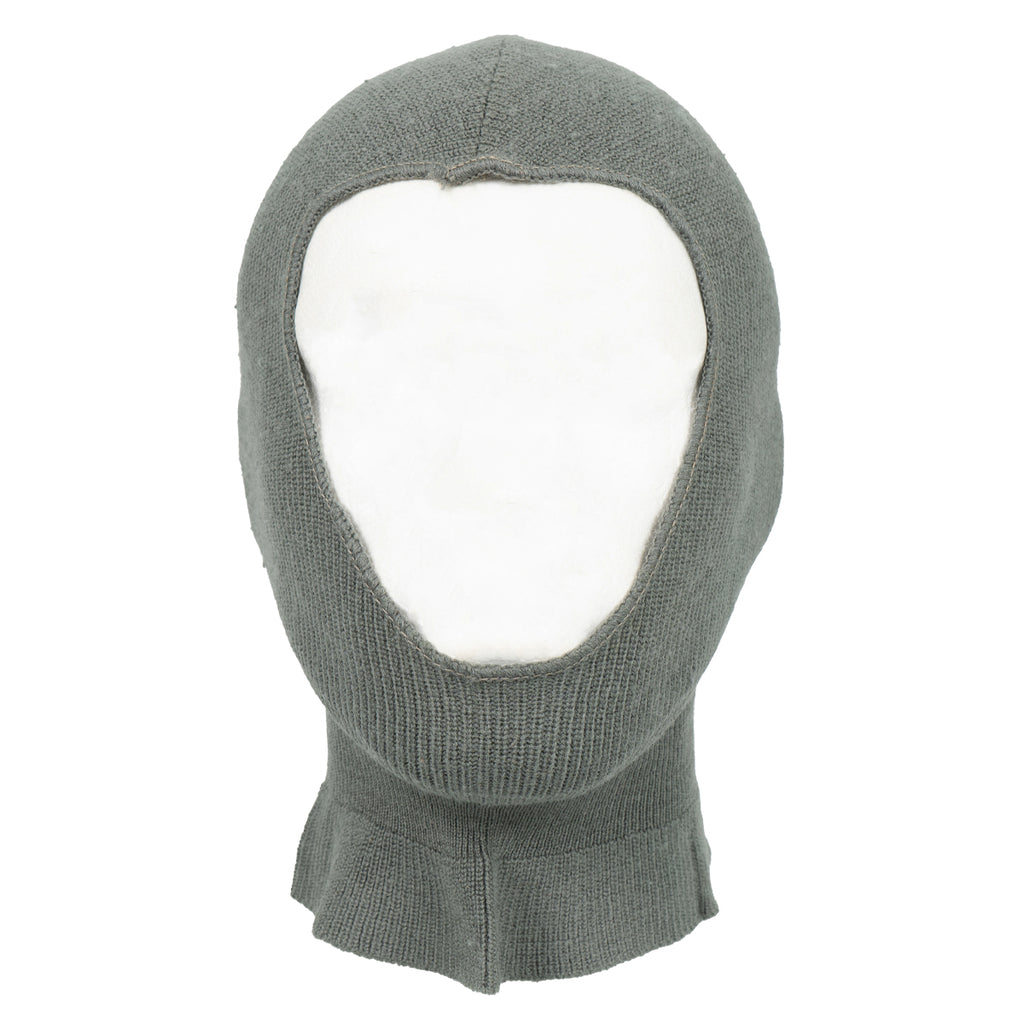 Front angle of an authentic Swiss Army wool balaclava, featuring a large face opening and durable surplus construction in field grey.