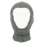 Front angle of an authentic Swiss Army wool balaclava, featuring a large face opening and durable surplus construction in field grey.