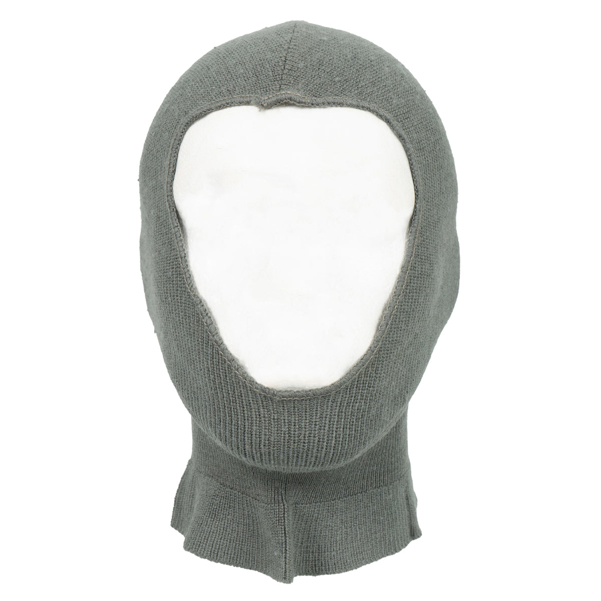 Front angle of an authentic Swiss Army wool balaclava, featuring a large face opening and durable surplus construction in field grey.