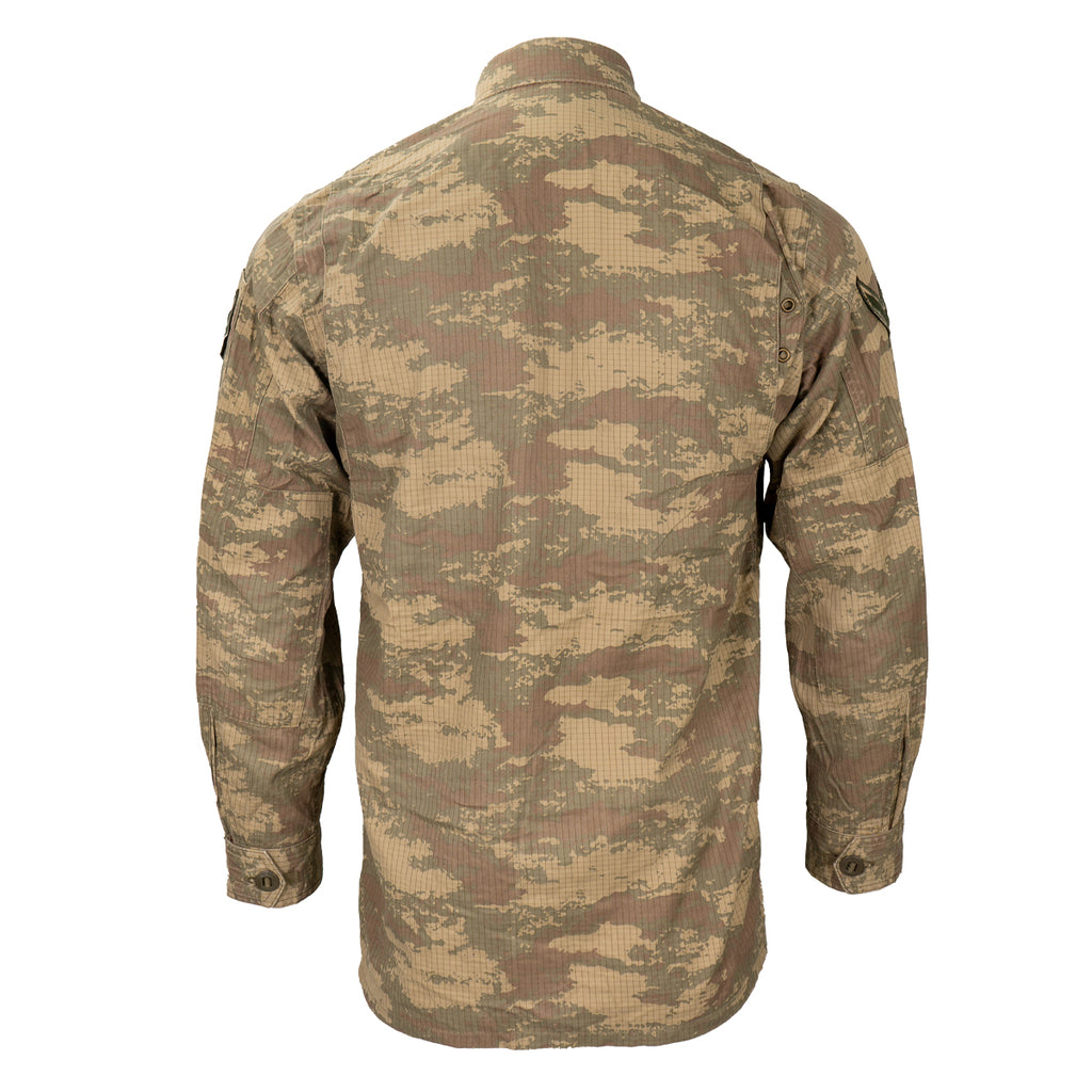 Rear view of the original Turkish Army ripstop shirt displaying the TUBITAK camo pattern and durable button-cuff long sleeves.