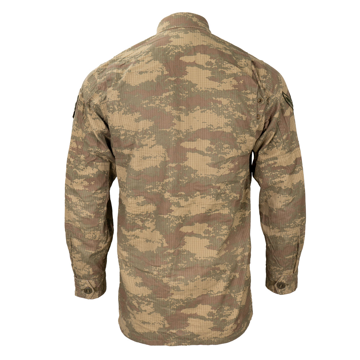 Rear view of the original Turkish Army ripstop shirt displaying the TUBITAK camo pattern and durable button-cuff long sleeves.