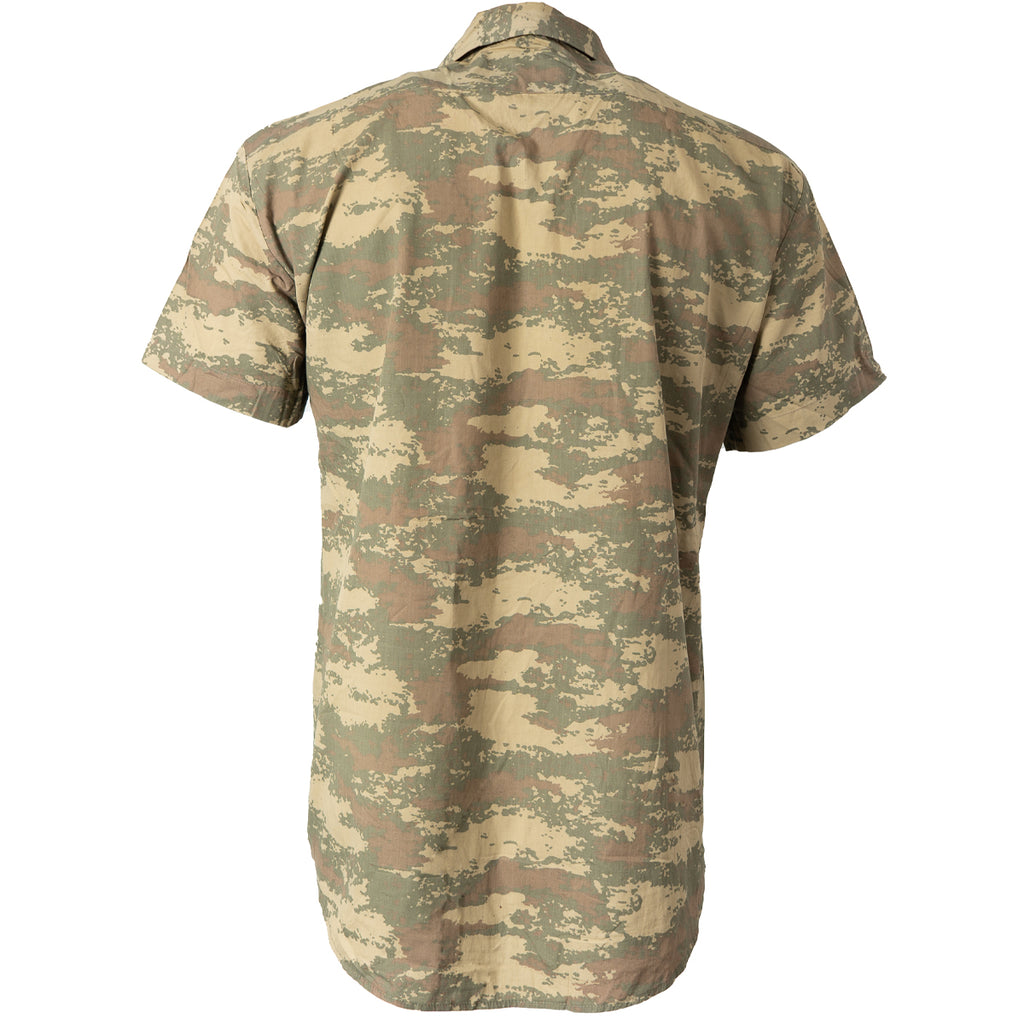 Rear view of the vintage Turkish Army camouflage field shirt showing the durable construction and integrated reinforced seams across the shoulders and back.