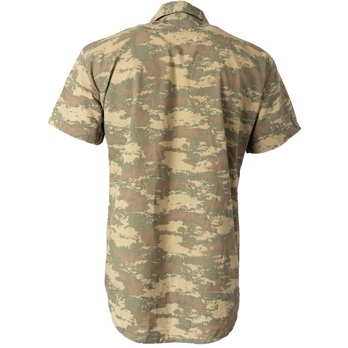 Rear view of the vintage Turkish Army camouflage field shirt showing the durable construction and integrated reinforced seams across the shoulders and back.