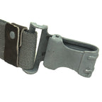 Detail view of the heavy-duty metal clip and dark leather retention loop on an original East German RPG7 cotton canvas sling.