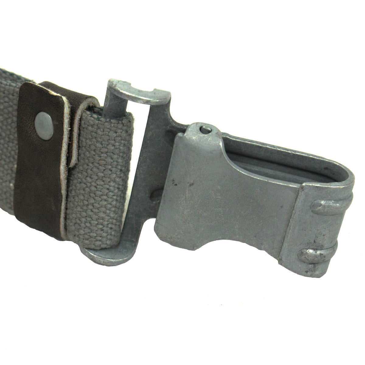 Detail view of the heavy-duty metal clip and dark leather retention loop on an original East German RPG7 cotton canvas sling.