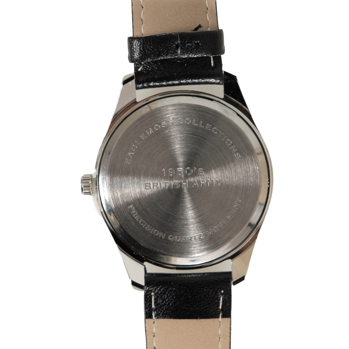 Reverse view of the metal alloy case back showing Eaglemoss Collections, 1950s British Army, and precision quartz movement engravings.