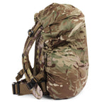 Profile view of a 37L daypack fitted with a genuine British Army MTP camouflage cover, showcasing the elasticated edge.
