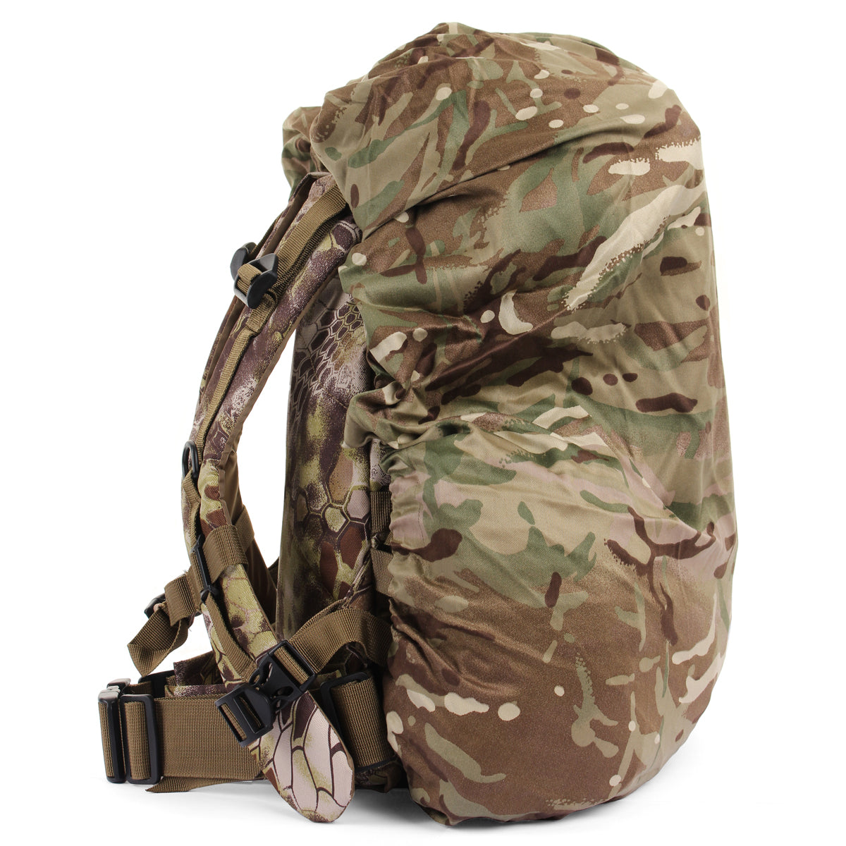 Profile view of a 37L daypack fitted with a genuine British Army MTP camouflage cover, showcasing the elasticated edge.